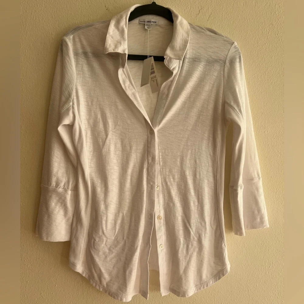 NWT $185 James Perse White Button-Down Shirt Sheer Slub Side Panel Blouse Size 3 - Picture 3 of 12